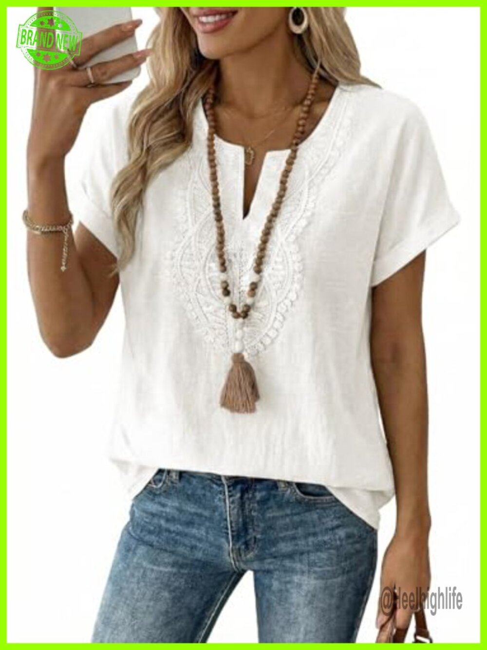 EVALESS Womens Crochet Boho Tops Notched V Neck Short Sleeve Loose Fit Casual